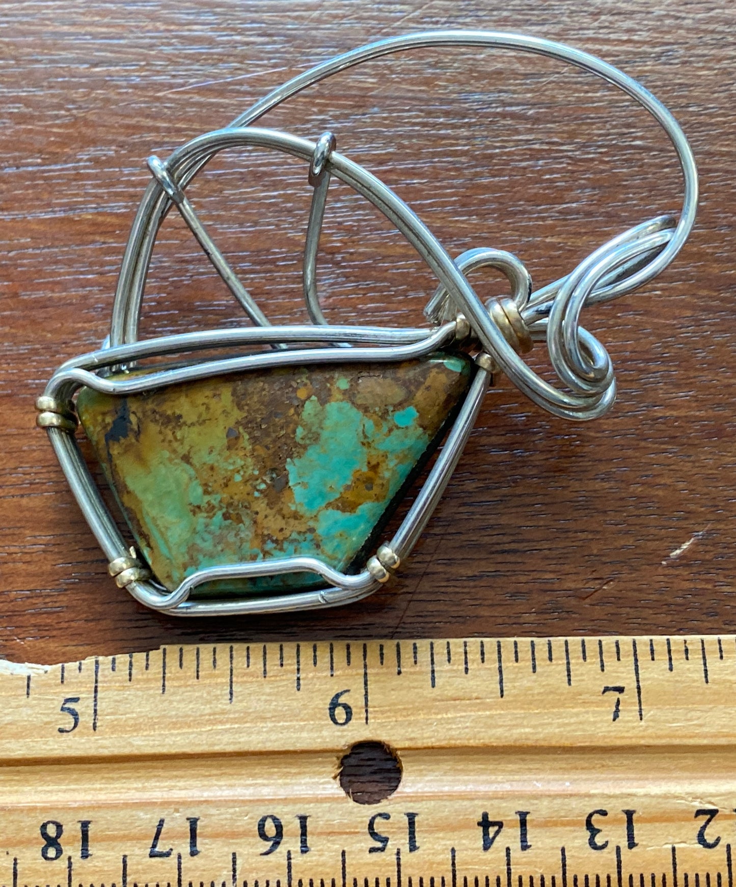 Silver and Gold Tone Wire Wrap Turquoise Necklace Pendant