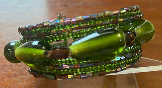 Green Seed Bead Glass Wire Wrap Cuff Bracelet
