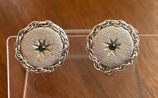 Vintage Textured Silvertone Metal Round Starburst Blue Stone Clip on Earrings