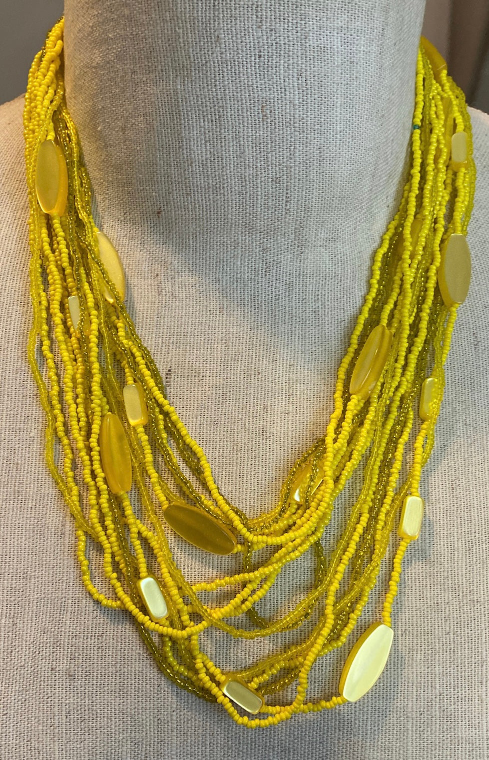 Bright Yellow Green Multistrand Glass Seed Bead Statement Necklace Bright
