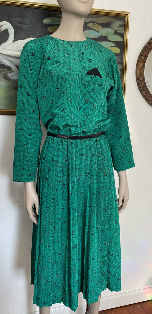 Vintage 70's Secretary Dress Pleated Green Black Funky Pattern