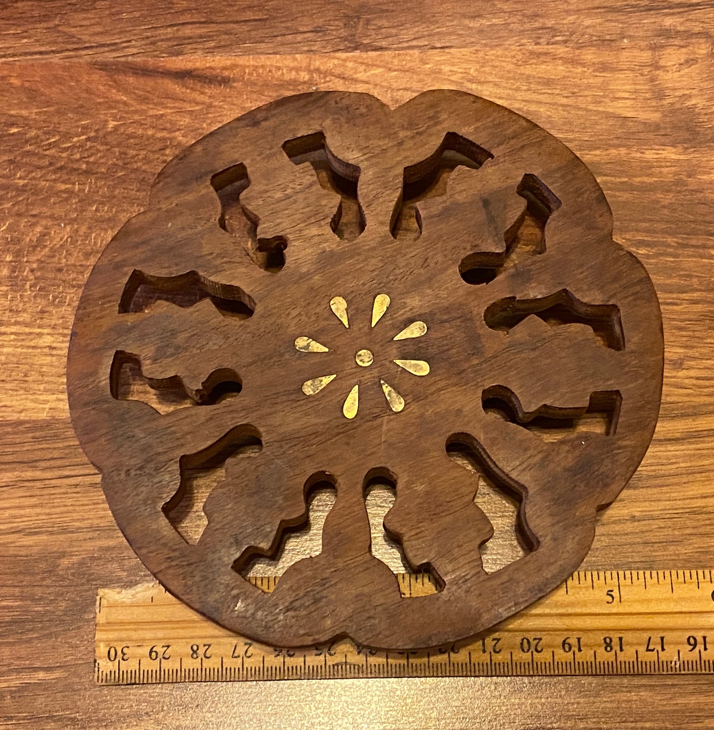 Vintage Carved Cut Out Wood Brass Inlay Boho Footed Trivet Made in India