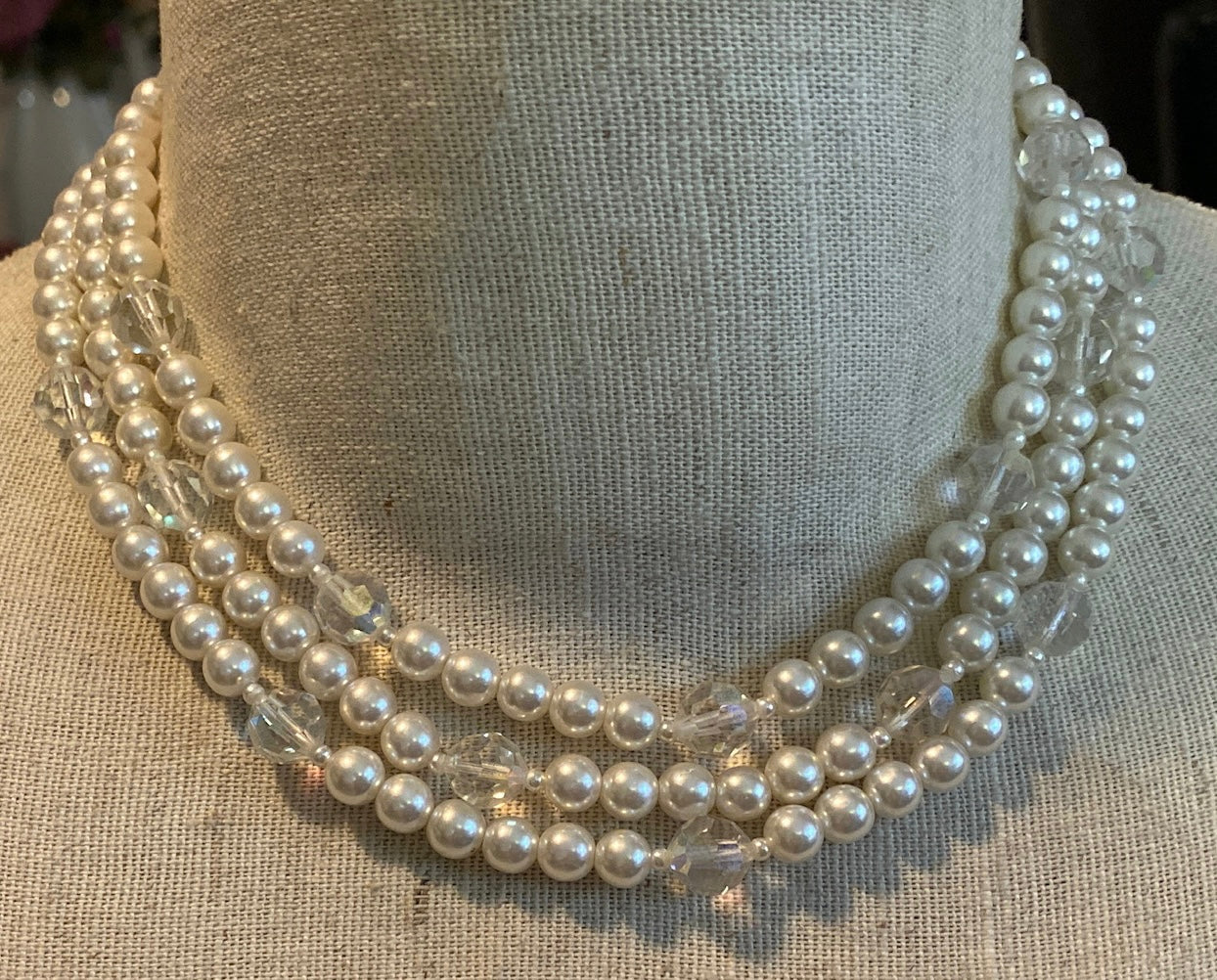 Vintage Multistrand Faux Pearl AB Aurora Borealis Collar Necklace Japan