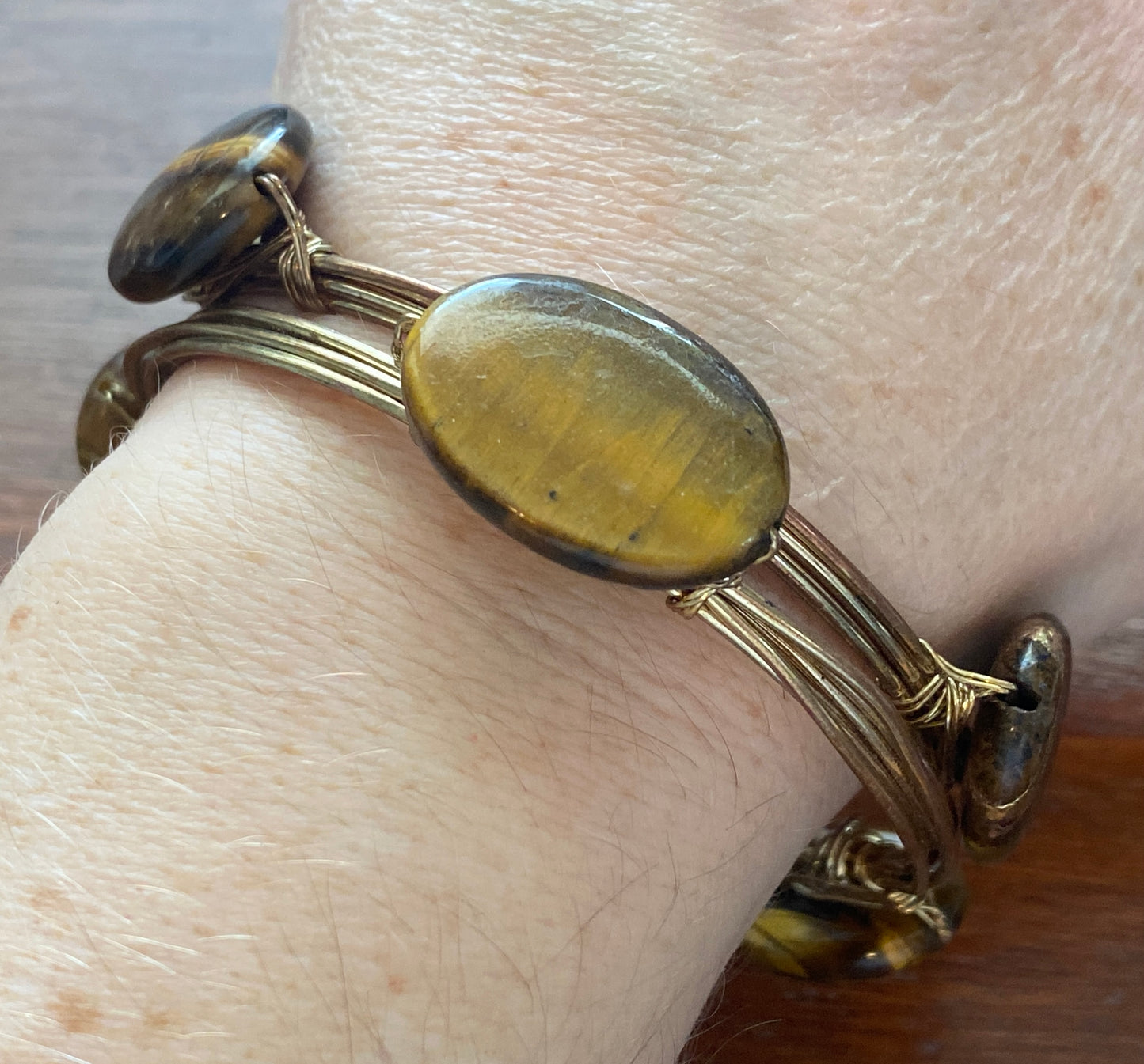 Wire Wrap Petrified Wood Stone Bangle Bracelet Set of 2