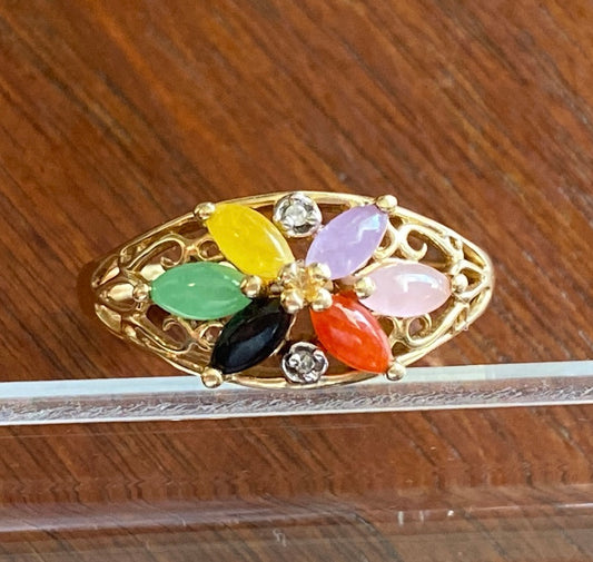 14k Yellow Gold Gemstone Diamond Ring Sz 8 Flower Design *Missing Stone*