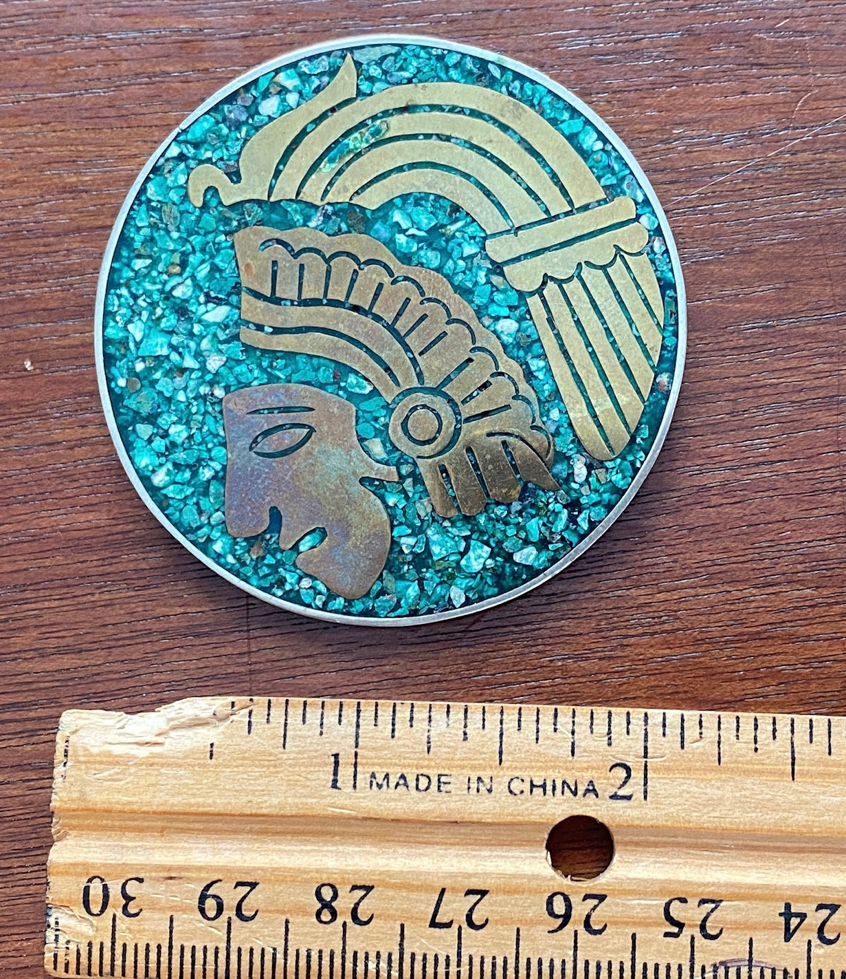 Vintage Taxco Signed Crushed Turquoise Brass Inlay Warrior Brooch Pin