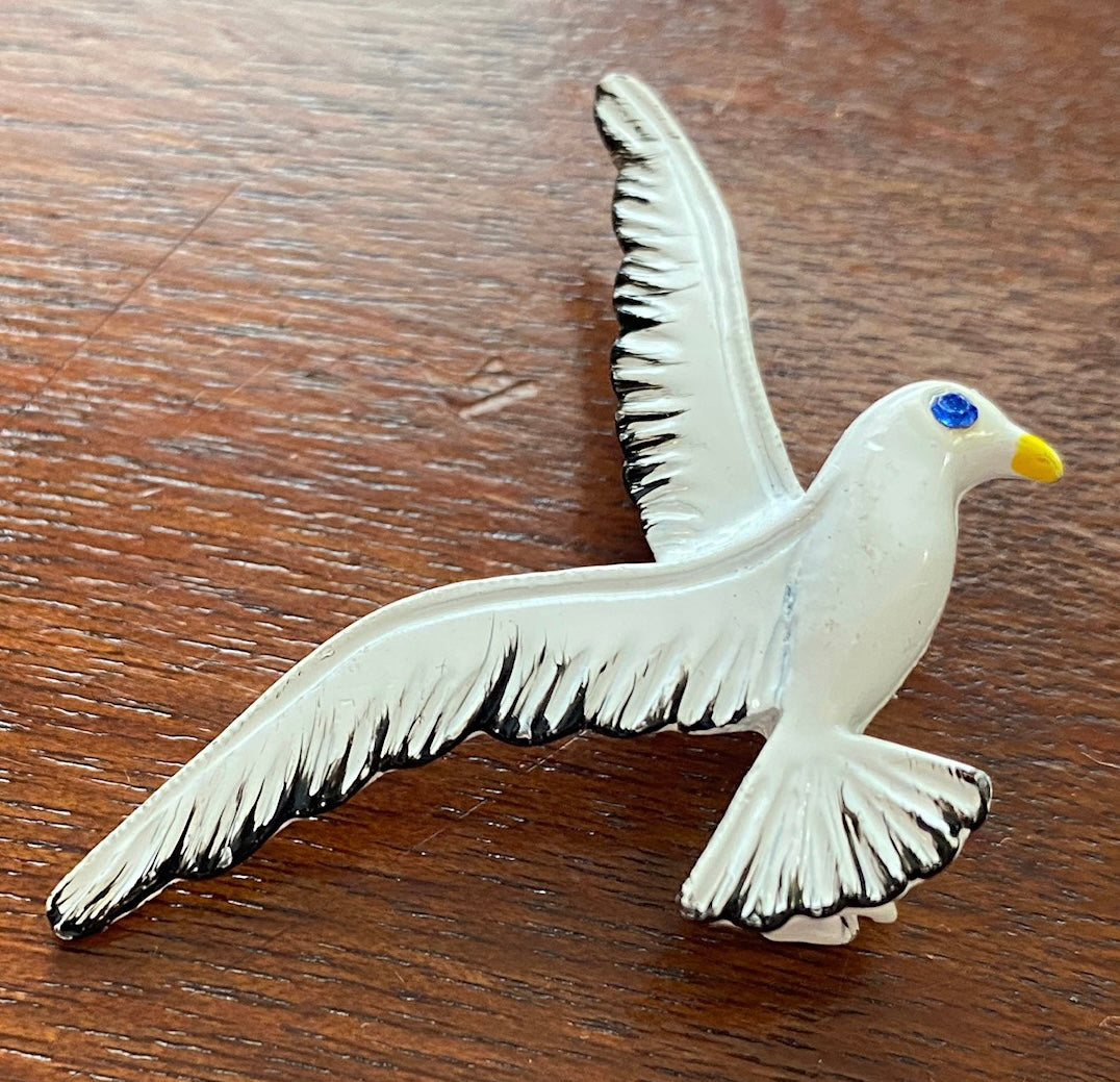 Vintage Signed Gerris White Enamel Blue Rhinestone Dove Bird Brooch Pin