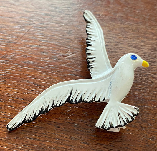 Vintage Signed Gerris White Enamel Blue Rhinestone Dove Bird Brooch Pin