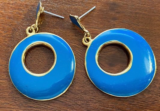 Vintage Gold Tone Metal Blue Enamel Drop Dangly Pierced Earrings