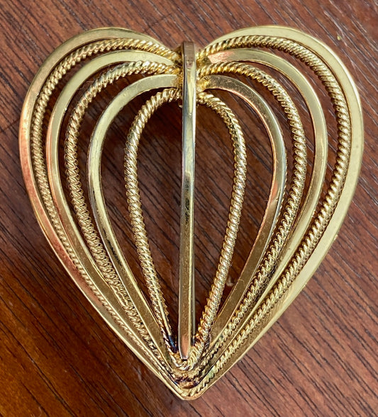 Vintage Monet Puffy Heart Twist Shiny Gold Tone Large Brooch Pin