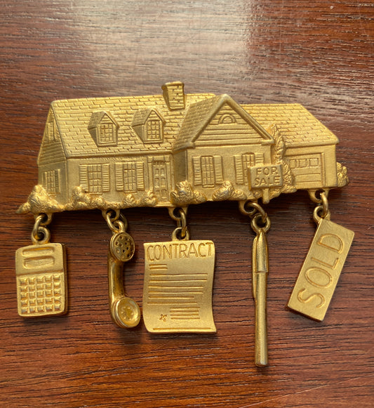 Signed JJ Jonette Vintage Real Estate Pin Realtor House Sold Mortgage Brooch