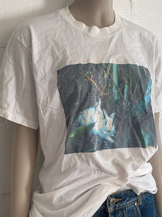 Unisex Vintage 80's Graphic Print Short Sleeve T-shirt Rabbits Forest Sz M