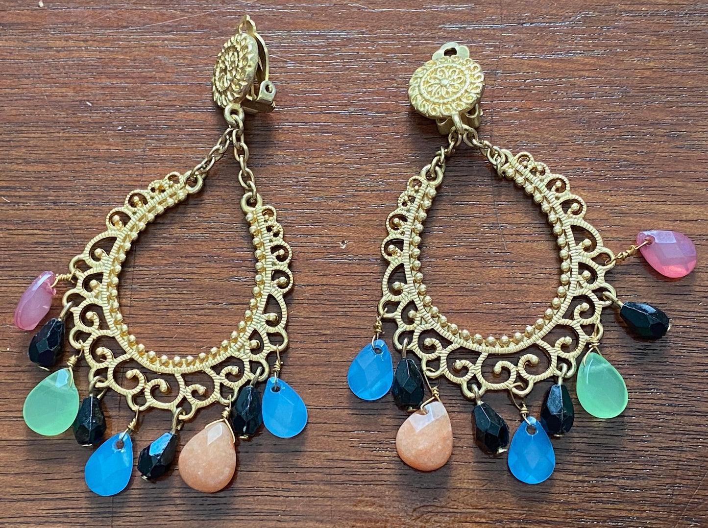 Vintage Gold Tone Chandelier Filigree Dangly Bead Clip on Earrings