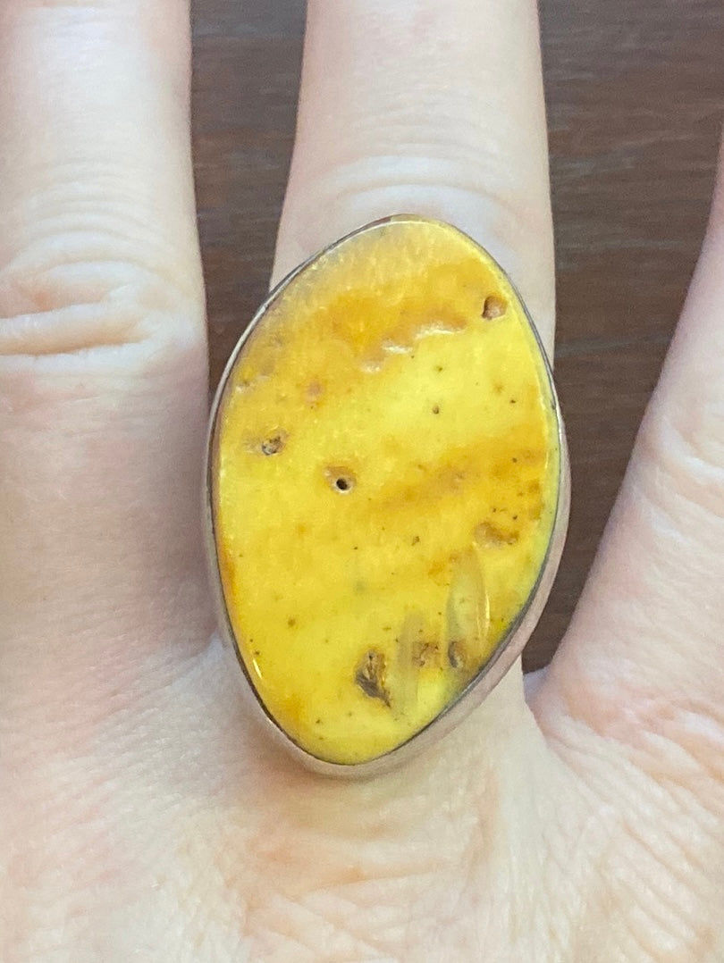 Sterling Silver 925 Large Free Form Yellow Amber Ring Sz 8.75 Signed