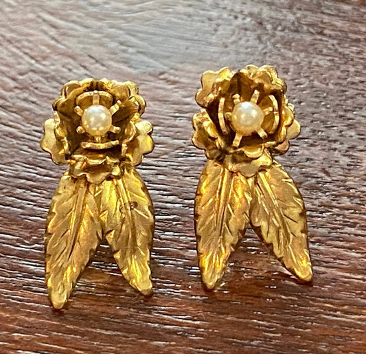 14k Gold Filled Yellow Gold Seed Pearl Flower Leaf Drop Pierced Earrings