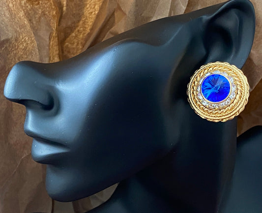 Vintage 80's Large Gold Tone Blue Rhinestone Clip on Earrings