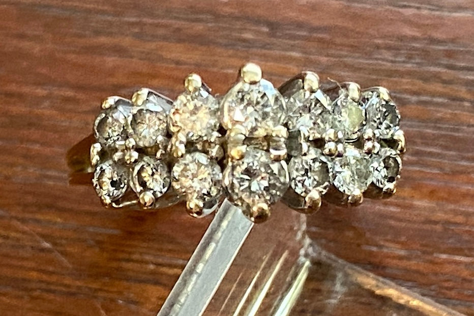 14k Yellow Gold 2 Row Round Cut Diamond Ring Sz 6.5