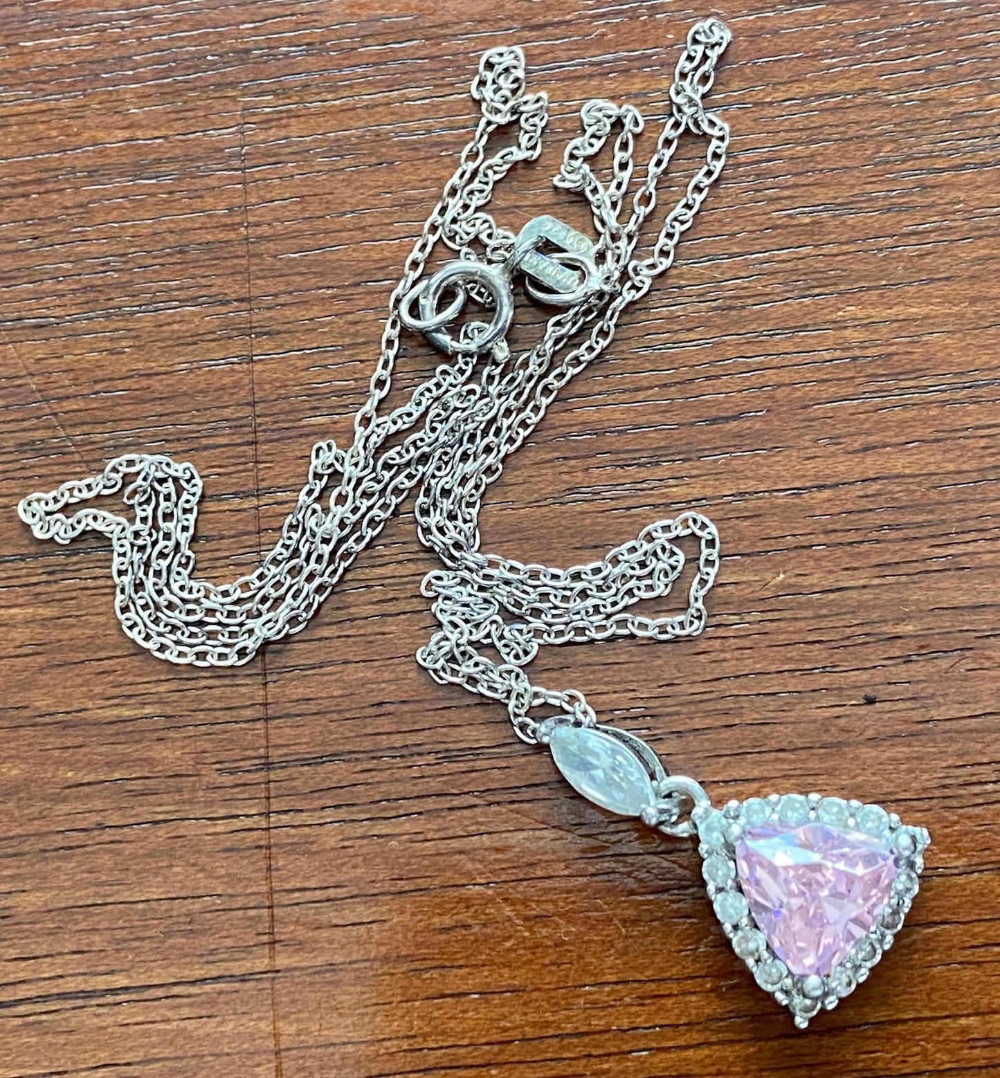 Sterling Silver 925 Chain Pendant Necklace Trillion Cut Pink Clear Round CZ