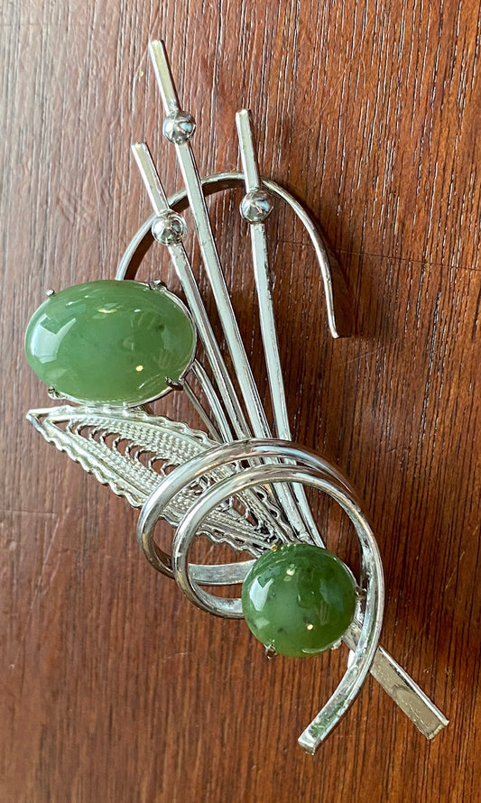Silver Tone Metal Faux Jade Cabochon Flower Floral Brooch Pin