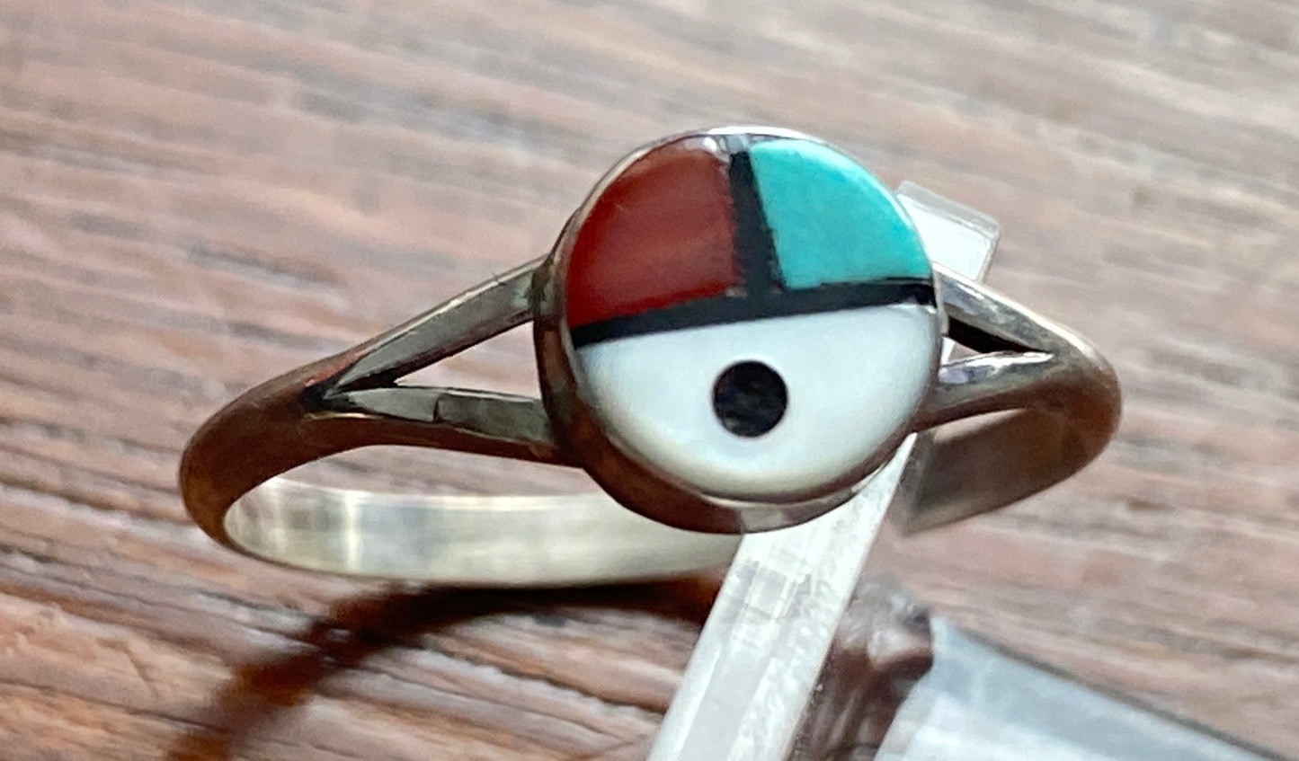 Silver Turquoise Red Coral MOP Ring Sz 6