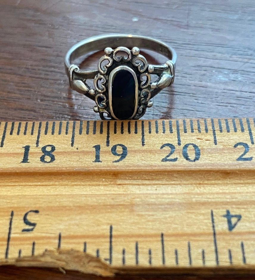 Sterling Silver Onyx Vintage Style Ring Sz 5.25 Signed JC
