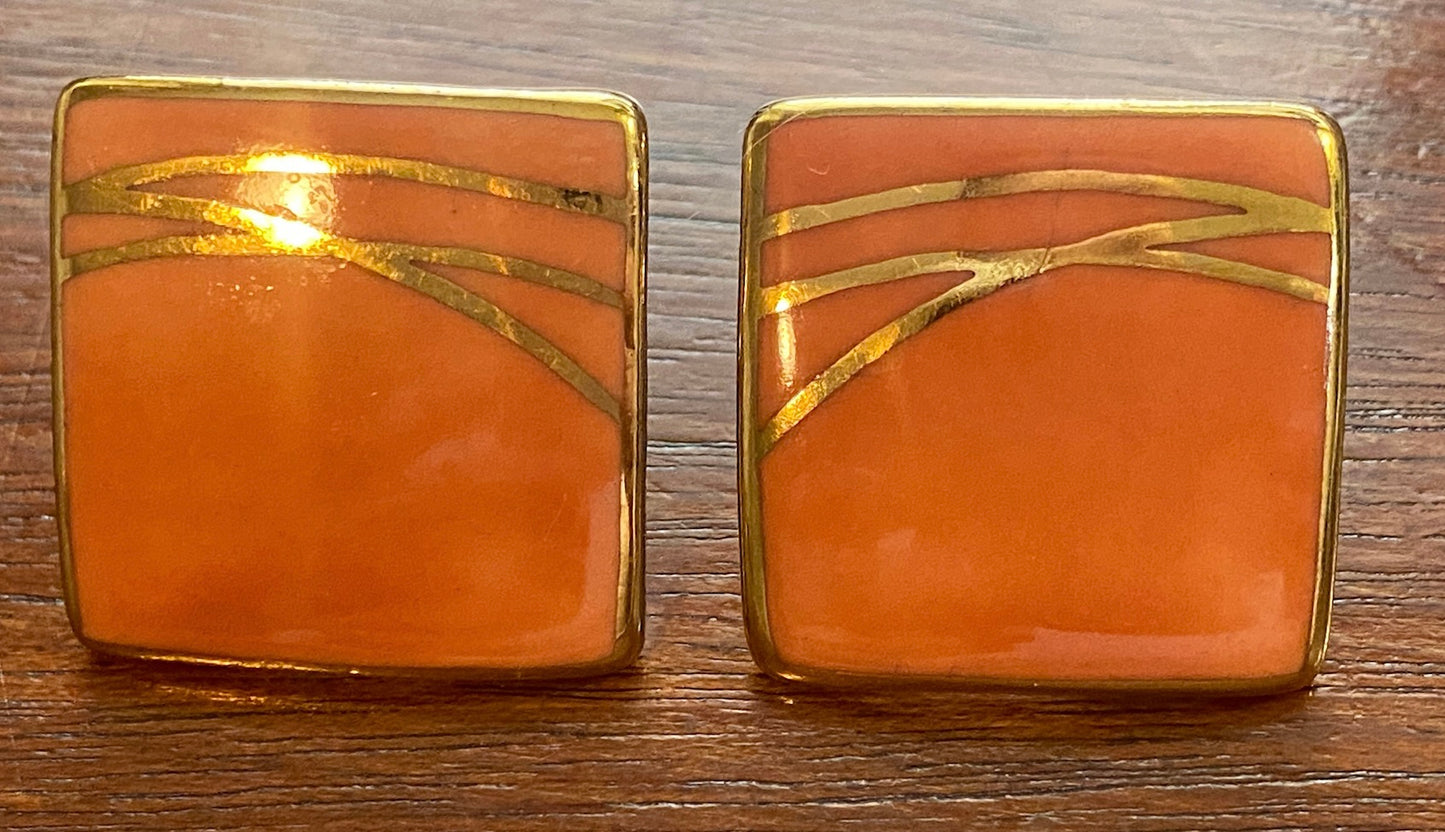 Vintage Ceramic Glazed Peach Orange Gold Tone Square Statement Earrings