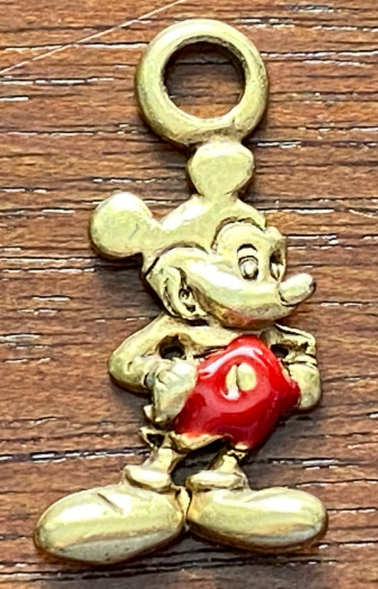 Vintage Disney Brass Tone Enamel Mickey Mouse Charm Pendant Signed MI