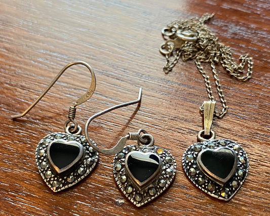 Sterling Silver 925 Onyx Marcasite Heart Pendant Necklace Earrings Set