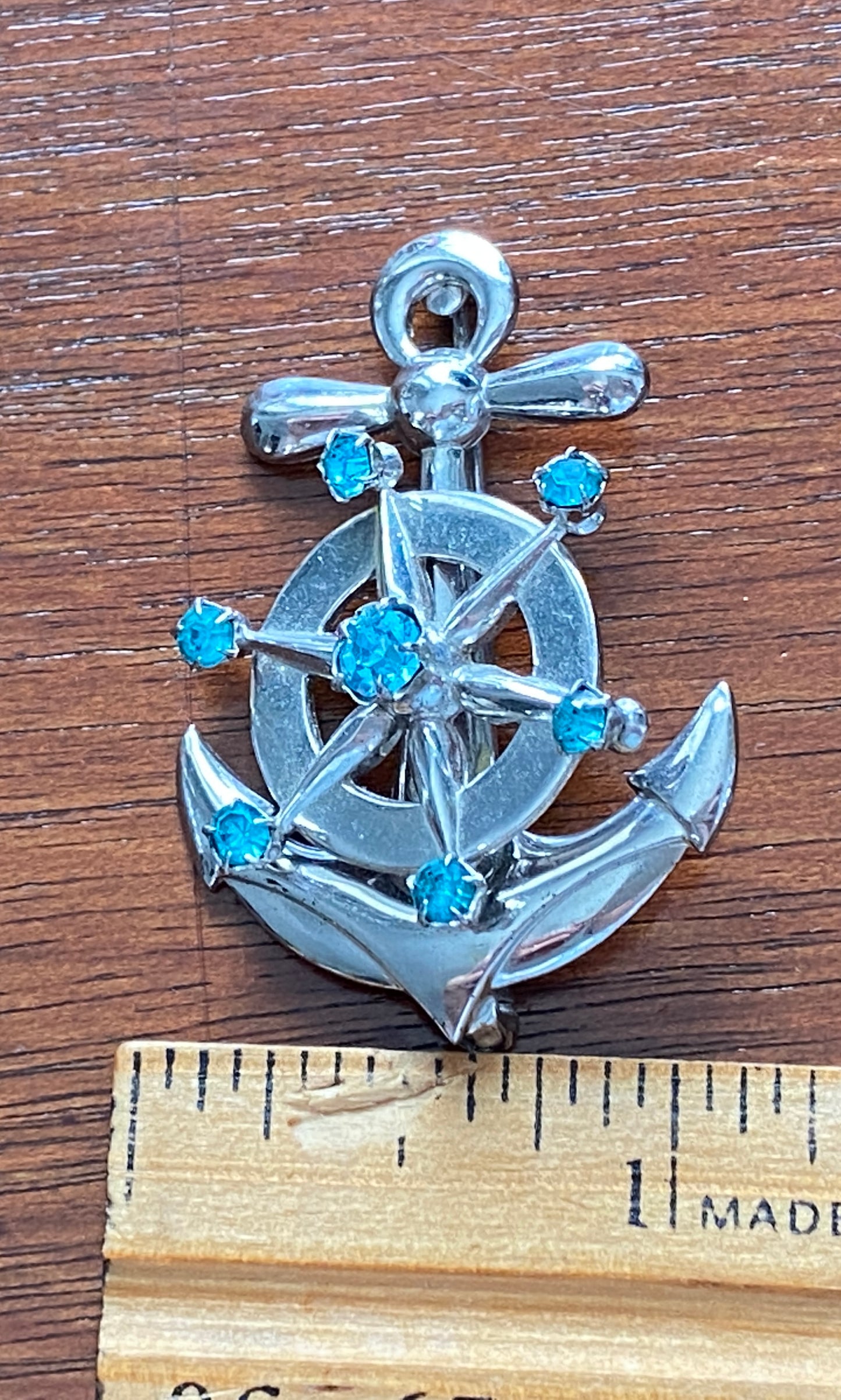 Vintage Sterling Silver 925 Aquamarine Nautical Anchor Ship Wheel Brooch Pin