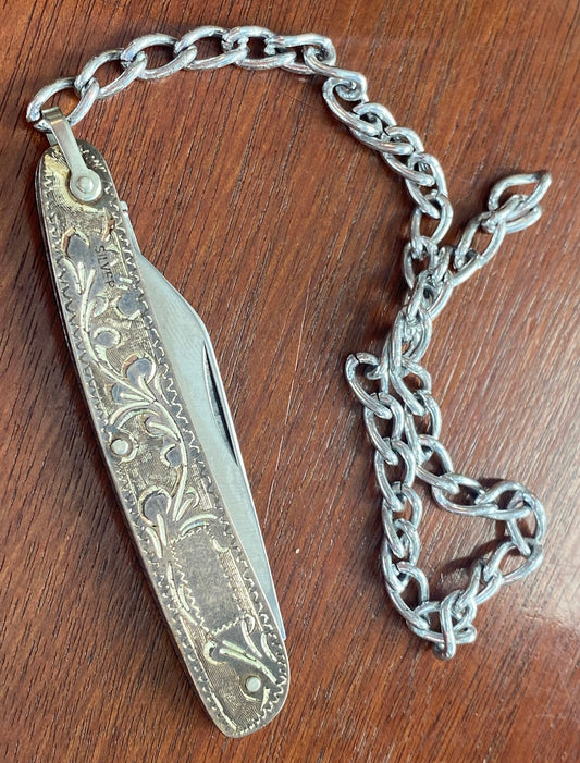 Antique Engraved Silver Case Stainless High Steel Pendant Knife Tool