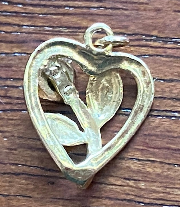 14k Yellow Rose Gold Diamond Chip Heart Rose Charm Pendant