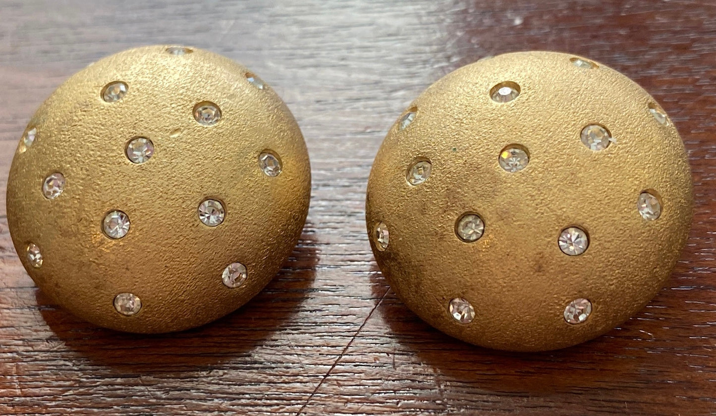 Vintage Swarovski Crystal Domed Brushed Gold Tone Clip on Earrings