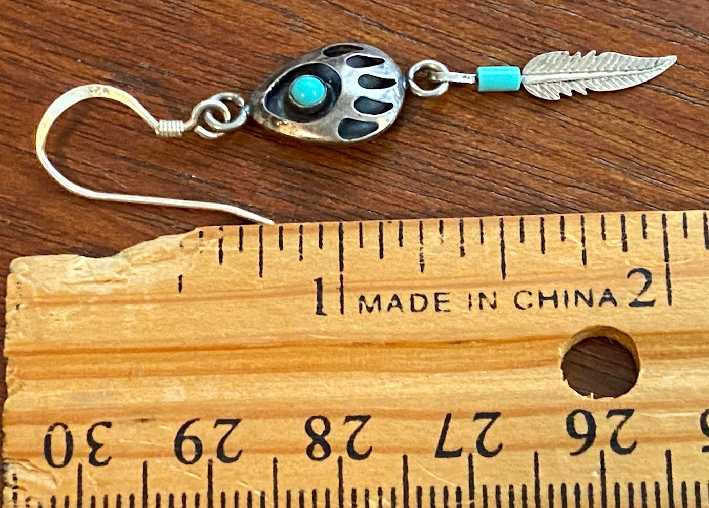 Sterling Silver 925 Turquoise Feather Bear Claw Drop Dangly Earrings