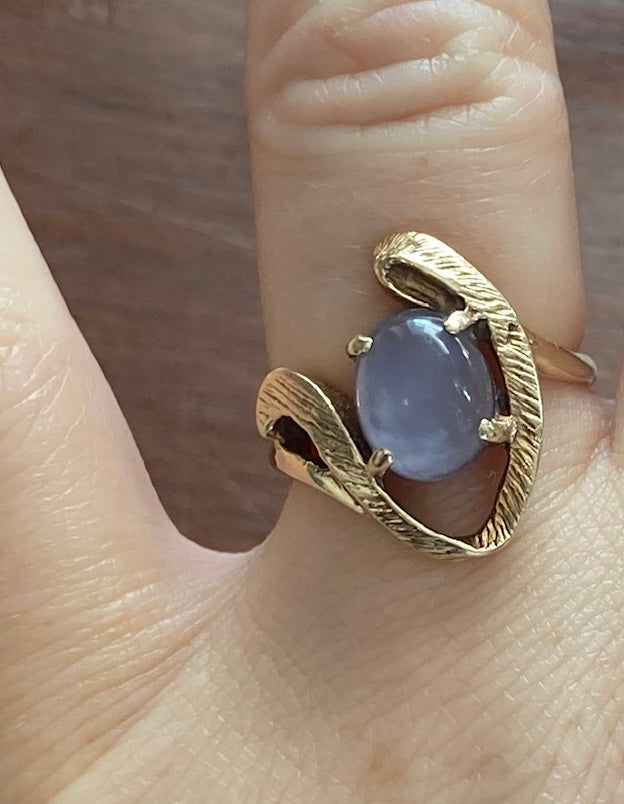 10k Yellow Gold Lavender Moonstone Brutalist Abstract Modernist Ring Sz 6.50