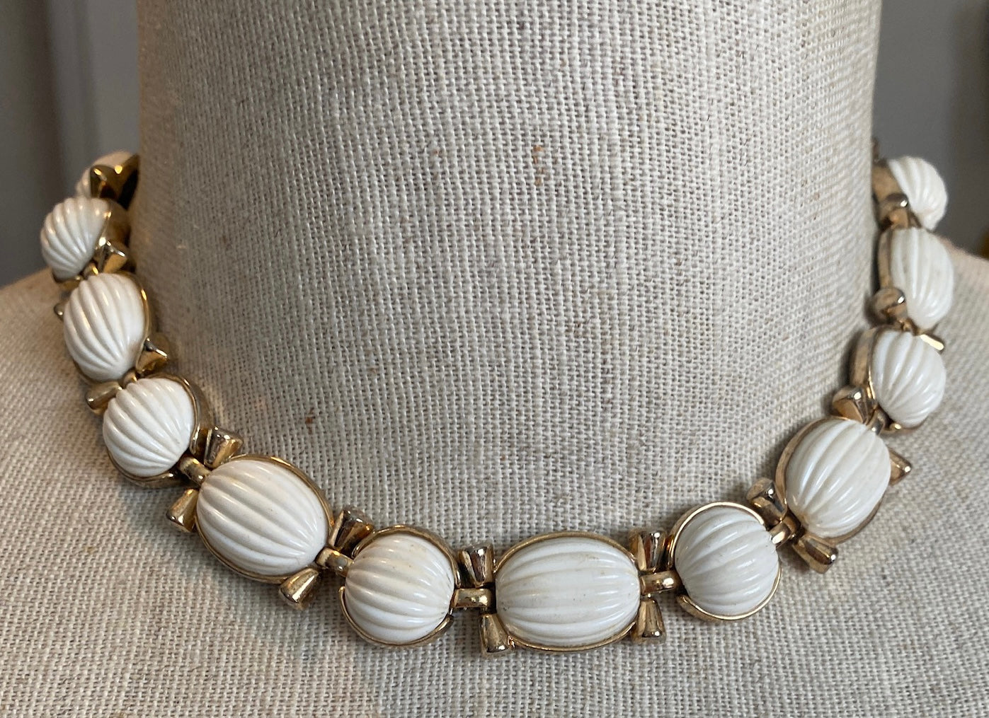 Signed Trifari Vintage Gold Tone Metal Milk Poured Glass Style Collar Necklace
