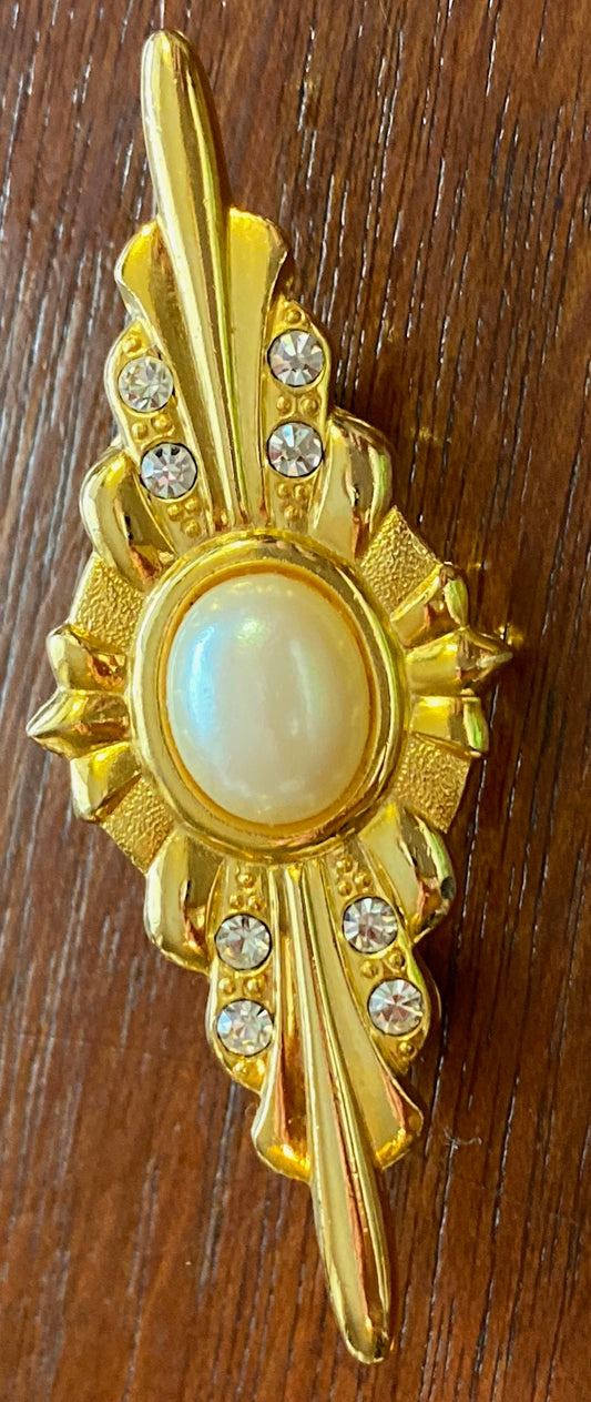 Vintage Gold Tone Rhinestone Faux Pearl Cabochon Bar Brooch Pin