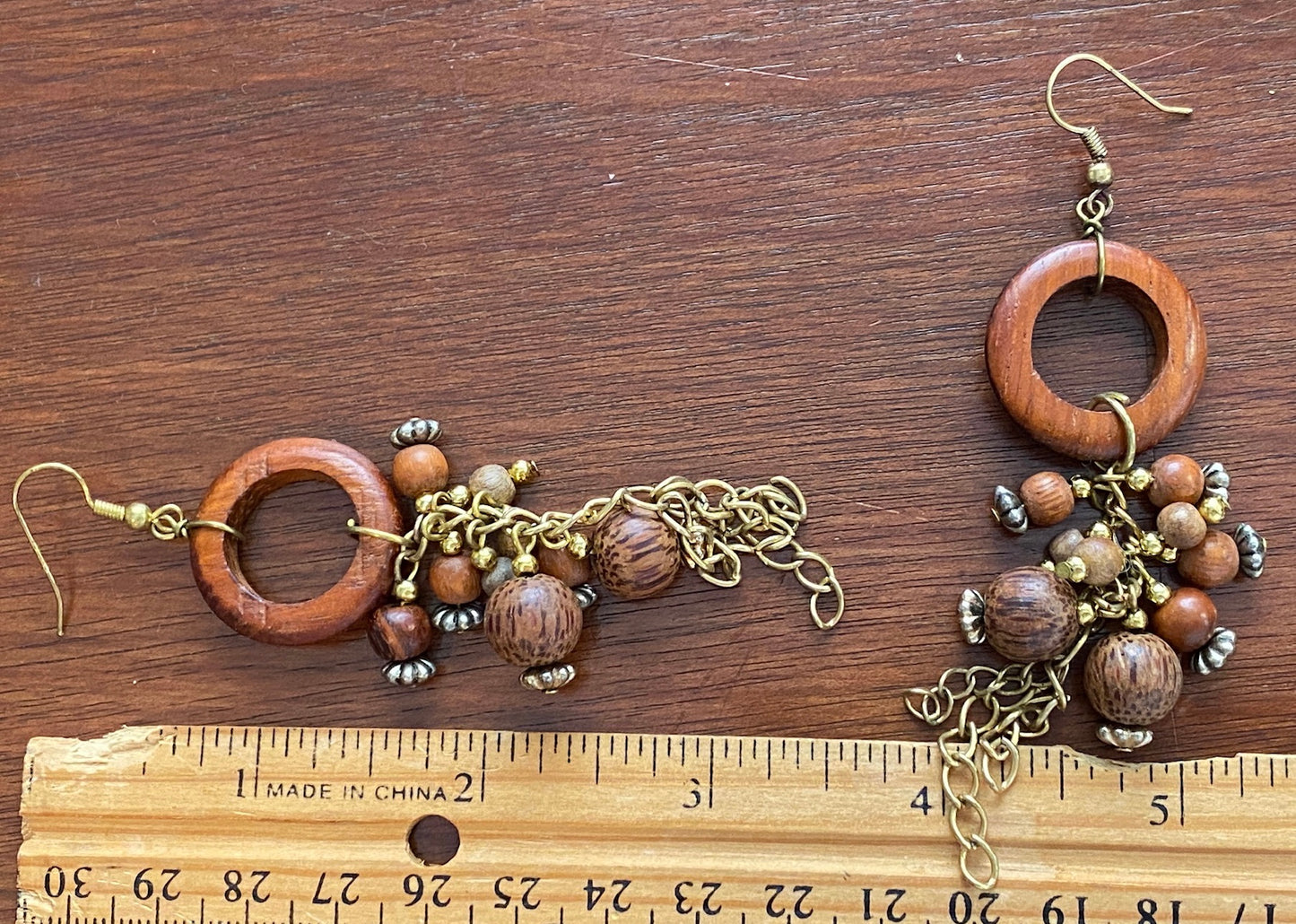Vintage Gold Tone Wood Bead Drop Dangle Dangly Pierced Earrings